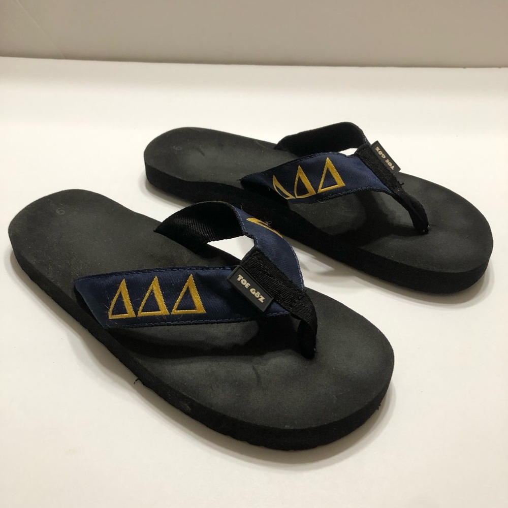Delta, Delta, Delta Sorority Black, Blue & Gold Flip Flops